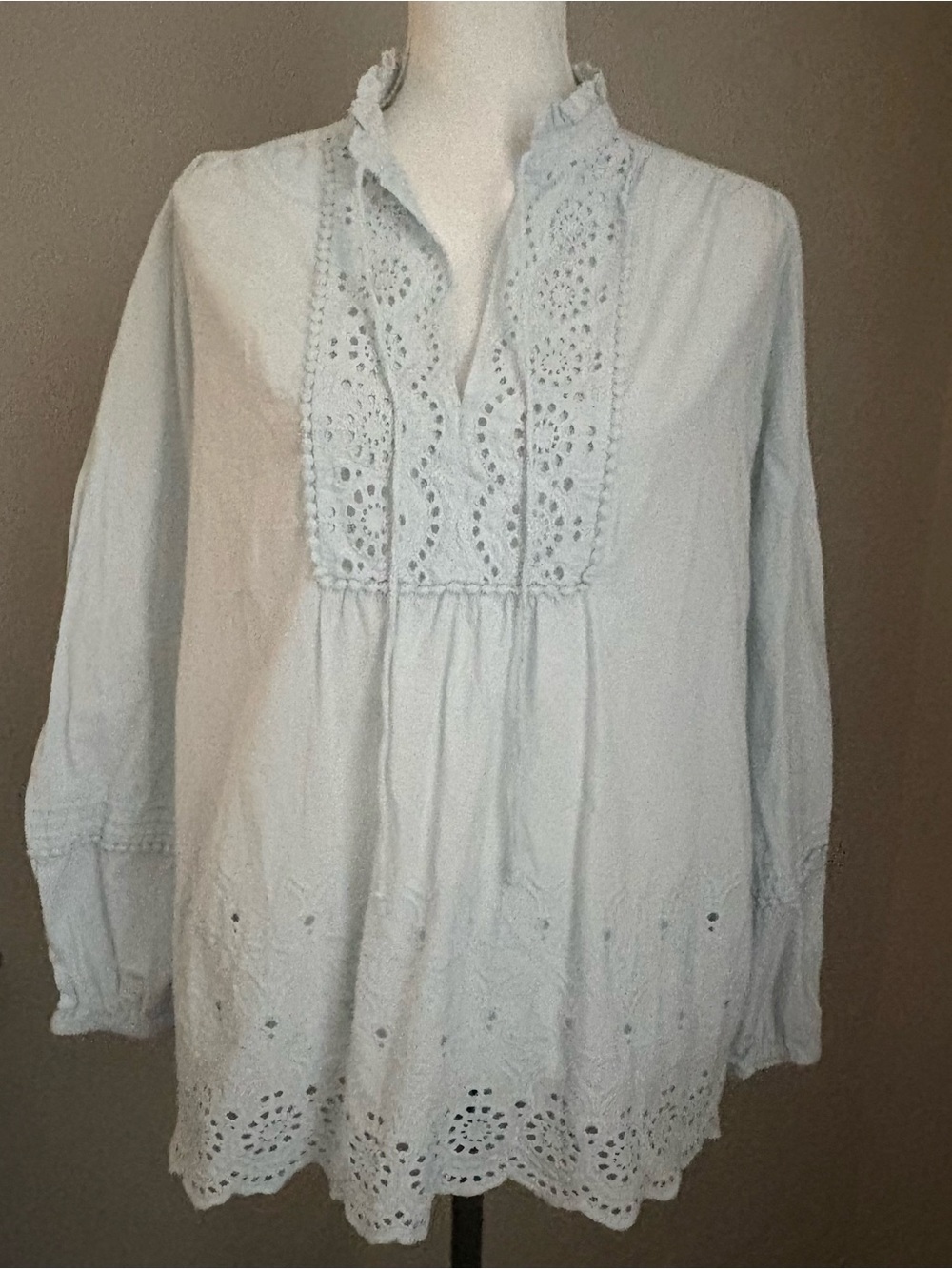 LOFT Pale Blue Eyelet Peasant Tunic Top Boho Long Sleeve